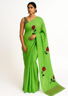 aamya fashion Floral Print Daily Wear Cotton Silk Saree(Green)