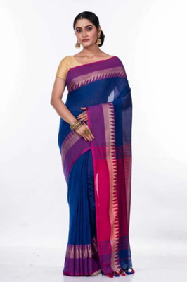 Sandhyatara Temple Border Handloom Pure Cotton Saree(Blue)