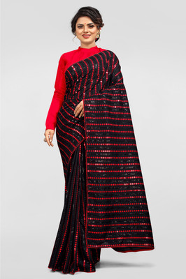 3Buddy Fashion Striped, Embroidered, Embellished Jamdani Pure Silk Saree(Red, Black)