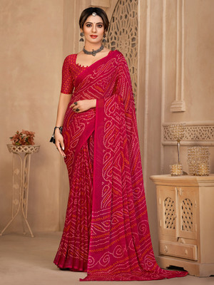 Divastri Printed Bandhani Chiffon Saree(Pink)