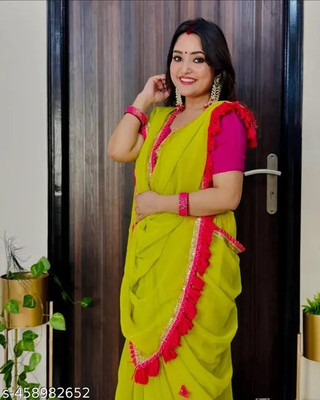 Vragi Embroidered Leheria Georgette Saree(Green)