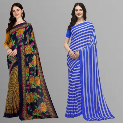 Anand Sarees Floral Print Daily Wear Georgette Saree(Pack of 2, Dark Blue, White)