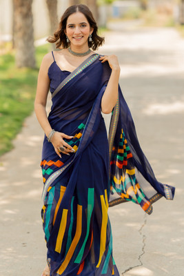 MIRCHI FASHION Printed, Geometric Print Daily Wear Georgette Saree(Dark Blue, Multicolor)
