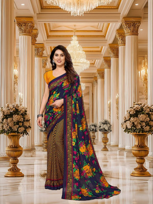 SmittenSmit Printed Bollywood Georgette Saree(Dark Blue, Yellow)