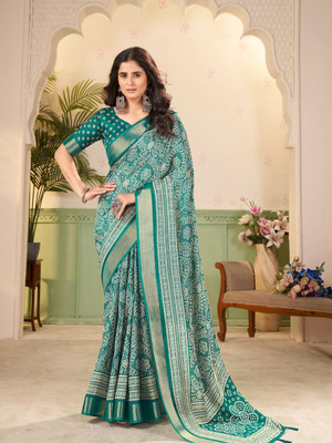 HouseOfCommon Floral Print Bandhani Art Silk Saree(Light Blue)