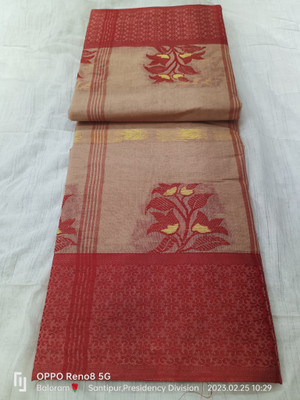 Balorampal Printed Tant Pure Cotton Saree(Cream, Red)