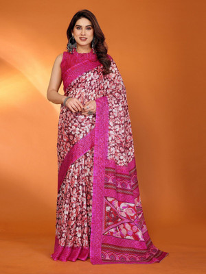 RAJESHWAR FASHION Floral Print Daily Wear Cotton Blend, Supernet Saree(Pink)