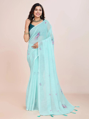 Santro Sarees Floral Print Daily Wear Cotton Linen Saree(Light Blue)