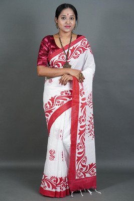 DHRITI Printed Handloom Pure Cotton Saree(White)