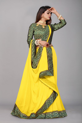 Georgette Saree Solid/Plain Jamdani Georgette, Crepe Saree(Yellow, Dark Green)
