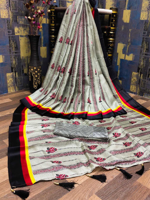 Krishnavatika Printed Maheshwari Linen Saree(Grey)