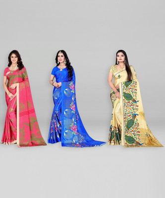 Leelavati Printed Daily Wear Crepe Saree(Pack of 3, Gold, Pink)