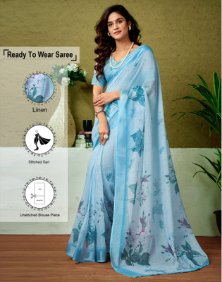 Satrani Digital Print, Floral Print, Printed Bollywood Linen Saree(Blue)