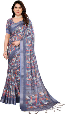 Myraani Floral Print Daily Wear Cotton Linen Saree(Blue)