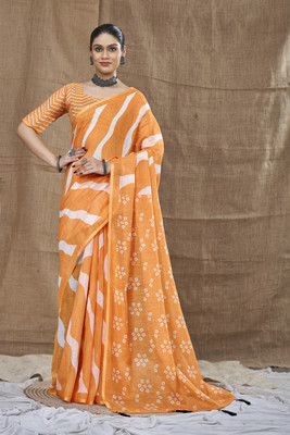 SHRIMAY Checkered Daily Wear Cotton Linen Saree(Orange)