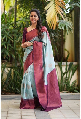 Miren Self Design Banarasi Jacquard Saree(Light Blue)