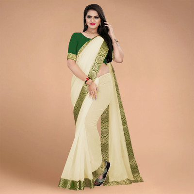 Volmina Solid/Plain, Woven Chanderi Cotton Blend Saree(Cream)