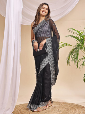 HESVI Embroidered Bollywood Georgette Saree(Black)