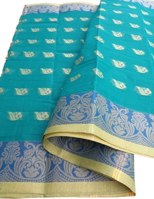 KhayaFashion Woven Tant Pure Cotton Saree(Light Blue)
