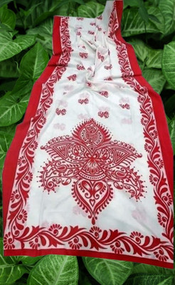 Happy Creation Printed Jamdani Handloom Cotton Blend Saree(White, Red)