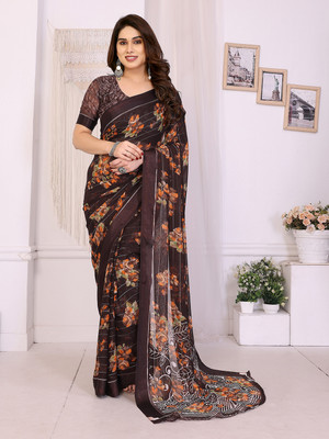 Moda Rapido Embellished, Floral Print Bollywood Georgette, Satin Saree(Brown)
