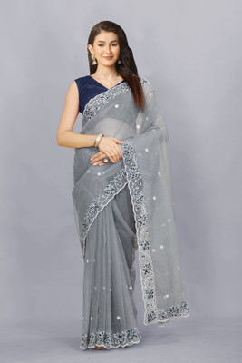 VANDU CREATION Embroidered Bollywood Supernet Saree(Grey)