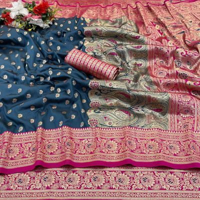 Divastri Woven, Self Design Kanjivaram Silk Blend, Pure Silk Saree(Grey, Pink)