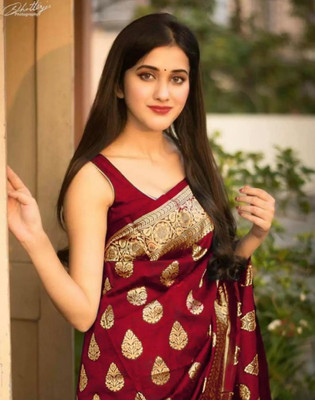 TRINITI FAB Woven, Embellished, Floral Print, Solid/Plain Kanjivaram Pure Silk, Art Silk Saree(Maroon)