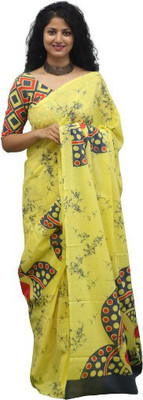Tropwear Printed, Self Design, Digital Print, Hand Painted, Blocked Printed Bollywood Pure Cotton Saree(Yellow)