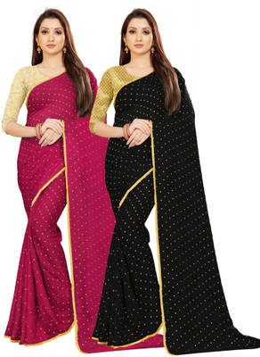 RHEY Printed Bollywood Chiffon Saree(Pack of 2, Purple, Black)