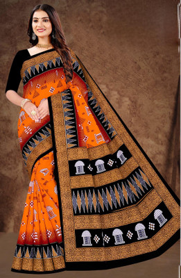 SAREEWALLA Printed Handloom Cotton Blend Saree(Orange, Black)