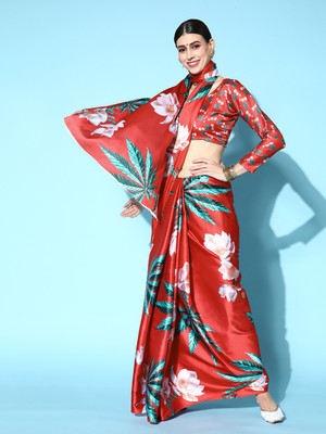 Blissta Floral Print Bollywood Satin Saree(Red)