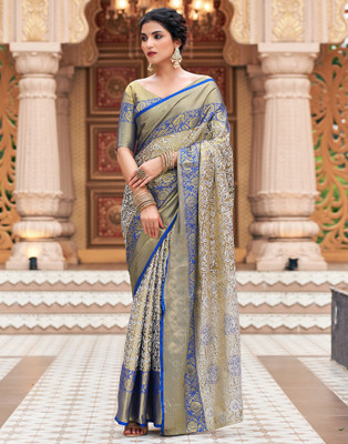 Samah Self Design, Woven Kanjivaram Silk Blend Saree(Dark Green, Gold)
