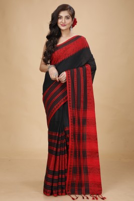 Tant Story Checkered Handloom Cotton Blend Saree(Black, Red)