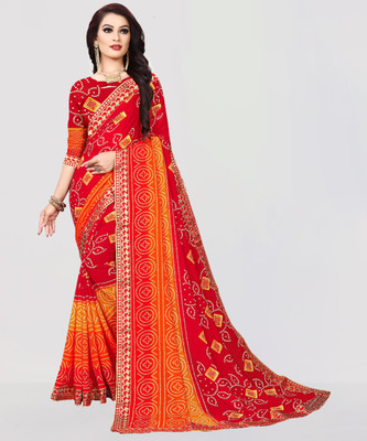 Kanooda Prints Printed Bandhani Georgette Saree(Red, Orange)