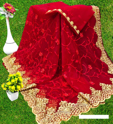 MIYANIFAB Embroidered, Floral Print Bollywood Net Saree(Red)