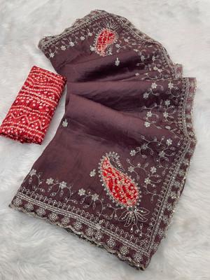 BELLETRENDZ Embroidered Bollywood Jimmy choo Saree(Maroon)