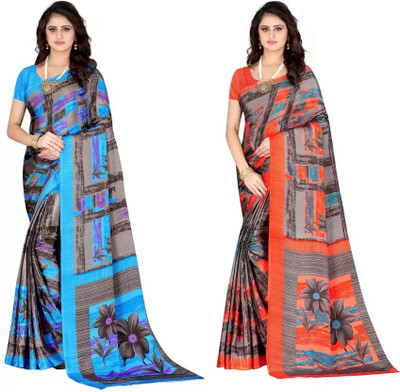 Leelavati Printed Bollywood Crepe Saree(Pack of 2, Blue, Grey)