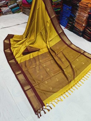 ns collection Solid/Plain Kanjivaram Cotton Silk Saree(Gold)