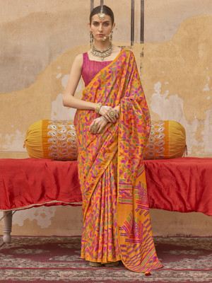 ANOUK Printed Hand Batik Silk Blend Saree(Yellow)
