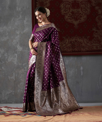 Sareemall Woven Kanjivaram Silk Blend Saree(Purple)