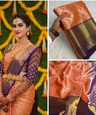 PRASHANTHVI CREATIONS Woven, Floral Print, Self Design Banarasi Tissue Saree(Orange)