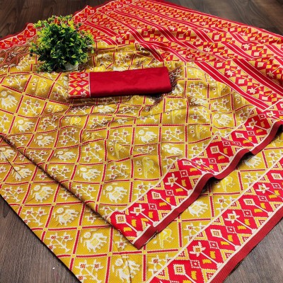 Divastri Printed Patola Art Silk, Cotton Silk Saree(Yellow, Red)