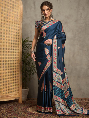 Tasrika Printed Hand Batik Crepe Saree(Blue)