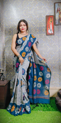 Joyguru Textile Printed Hand Batik Cotton Blend Saree(Silver)