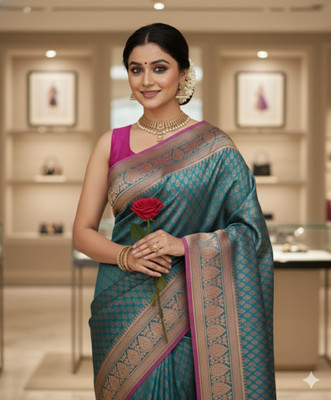 Afronza Embellished, Woven, Self Design Banarasi Art Silk, Jacquard Saree(Dark Green, Pink)