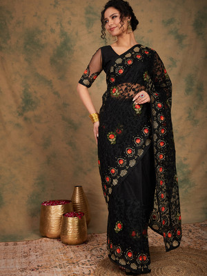 manvaa Embroidered Bollywood Net Saree(Black)