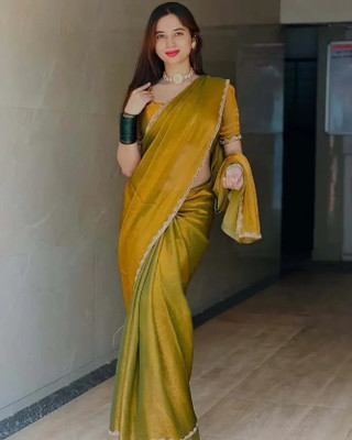 DEBRIS FAB Solid/Plain, Woven Bollywood Chiffon Saree(Yellow)