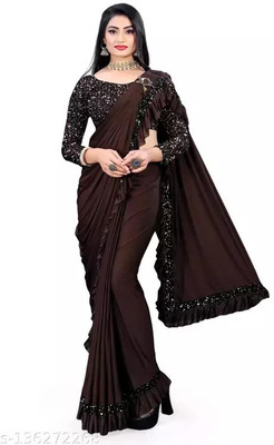 KSENTERPRISE Solid/Plain Bollywood Lycra Blend Saree(Brown)