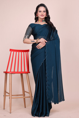 Zenophily Embroidered, Solid/Plain Maheshwari Chiffon Saree(Blue)